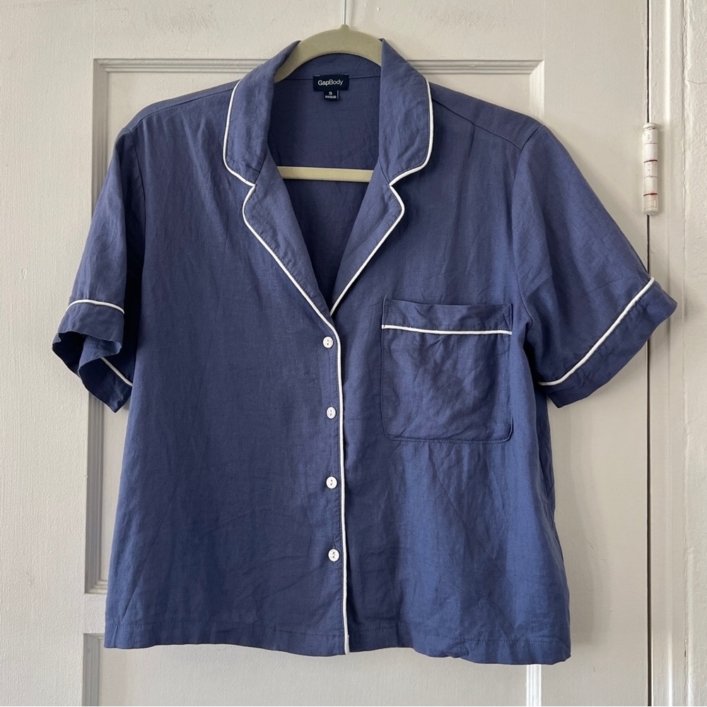GAP linen blend pajama style cropped short sleeve top blouse shirt blue white S